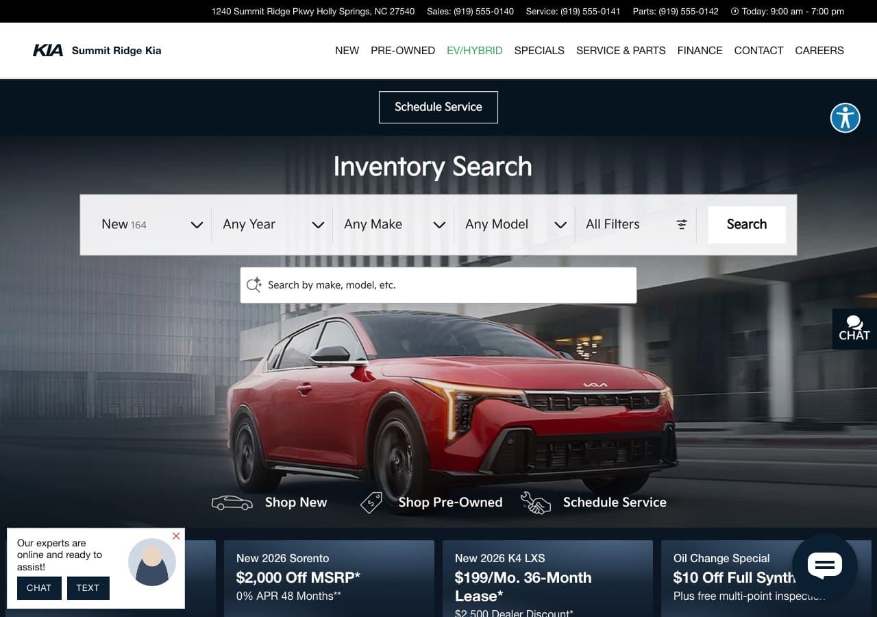 The Summit Ridge Kia homepage: a normal, working dealership site with an inventory search and a car photo.