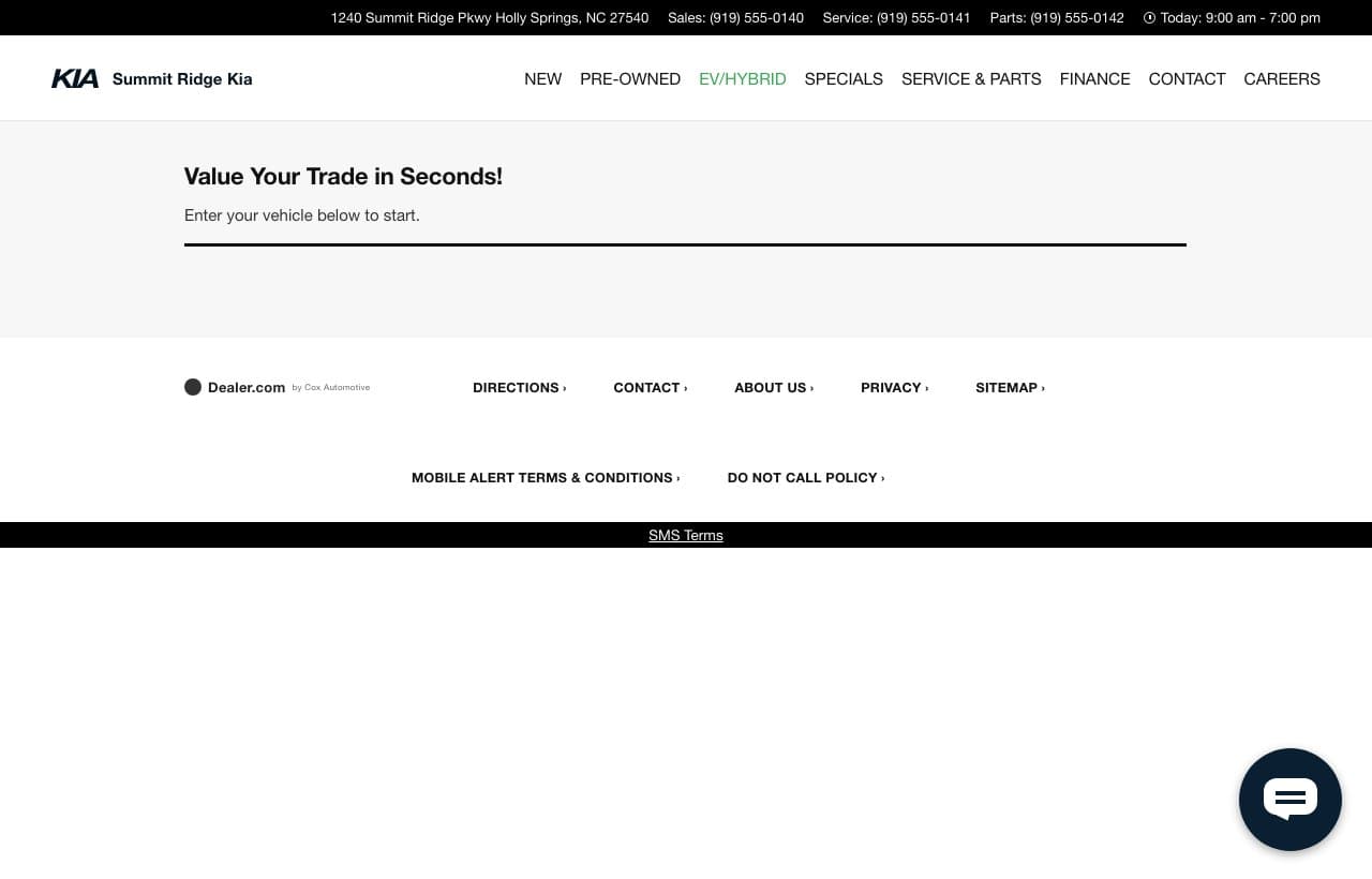 The Summit Ridge Kia trade-in page: the heading invites you to value your trade, and the space where the valuation tool belongs is empty.